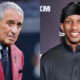 Photo of Arthur Blank in red suit and photo of Michael Penix Jr. smiling