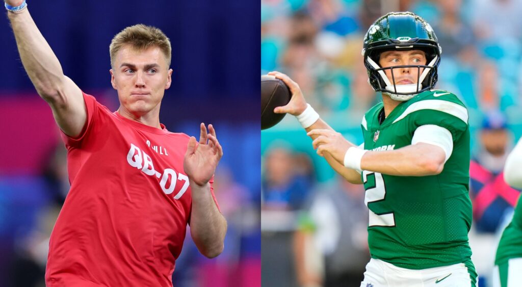 Bo Nix during the NFL combine and Zach Wilson with the Jets