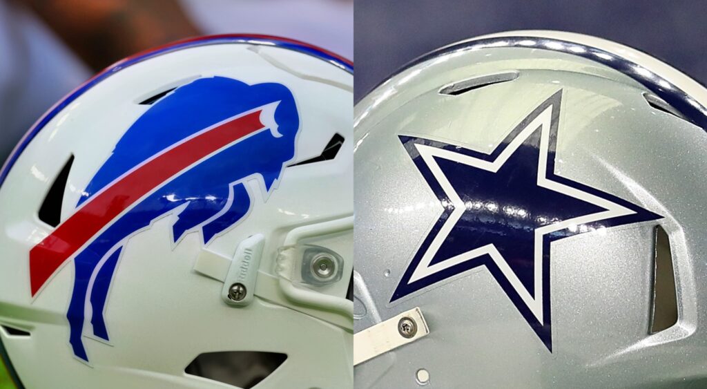 Buffalo Bills logo and Dallas Cowboys logo on their respective helmets.