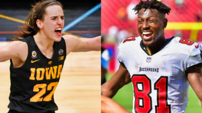 Photo of Caitlin Clark screaming and photo of Antonio Brown laughing