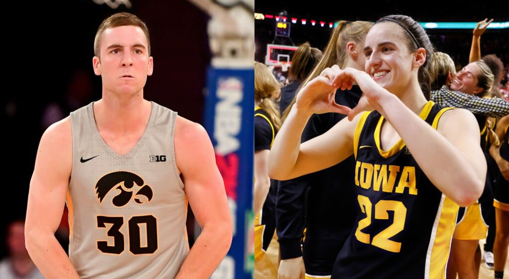 Connor McCaffery flexes during a game and Caitlin Clark makes a heart with her hands.