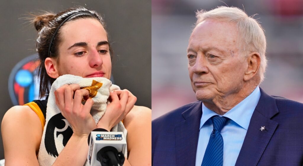 Caitlin Clark at a press conference and Jerry Jones on the field looking on.