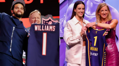 Photos of Caleb Williams and Caitlin Clark at their respective drafts