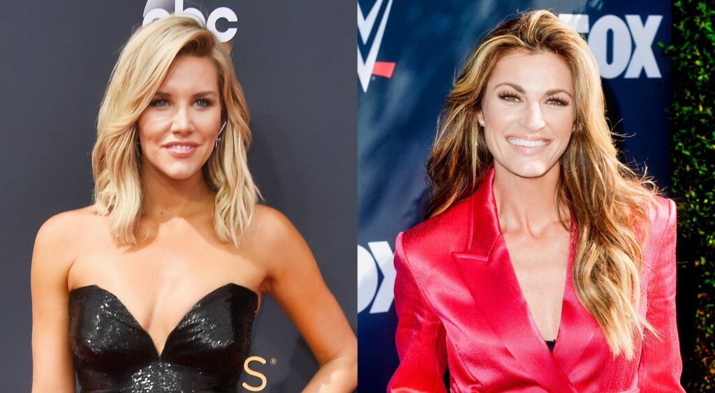 Charissa Thompson posing on the red carpet and Erin Andrews posing for the camera.