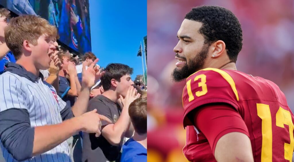 Cubs fans yelling and Caleb Williams looking on during a game with USC.