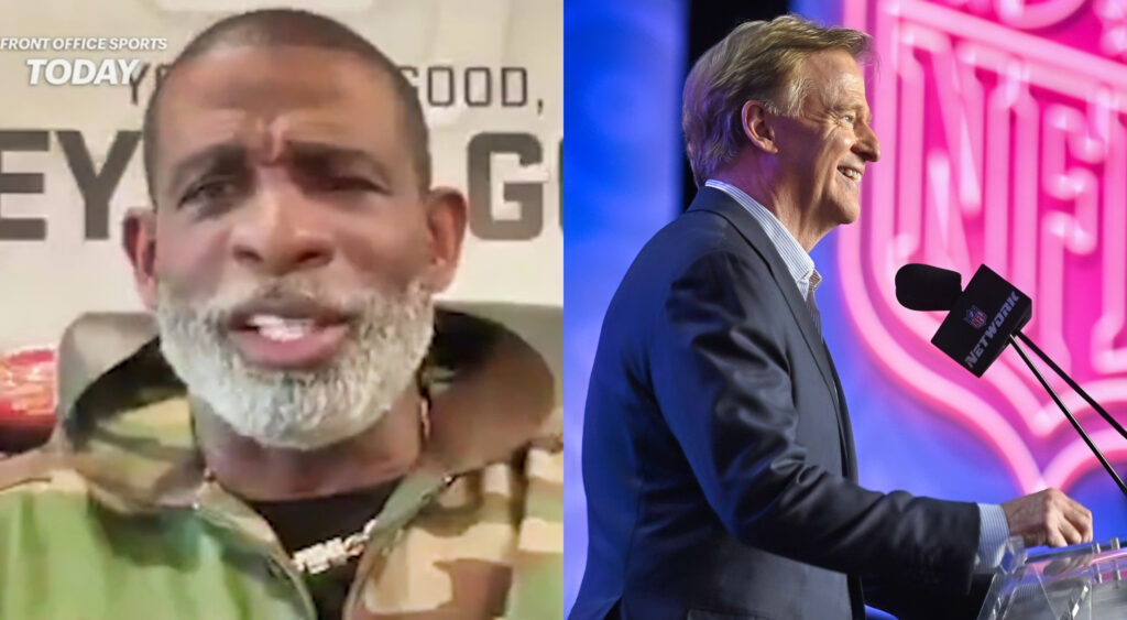 Photo of Deion Sanders speaking on podcast and photo of Roger Goodell at NFL Draft