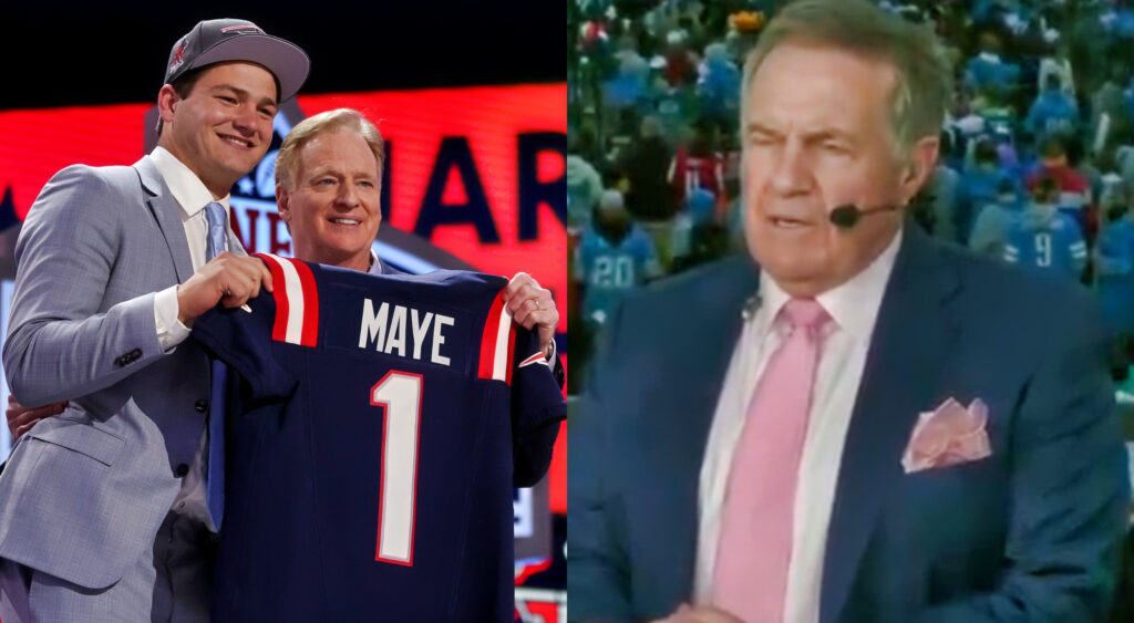 Photo of Drake maye holding up his Patriots jersey with Roger Goodell and photo of Bill Belichick wearing headset