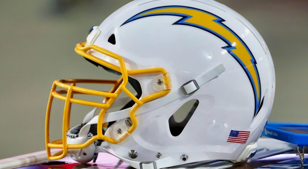 Los Angeles Chargers helmet shown on sideline.