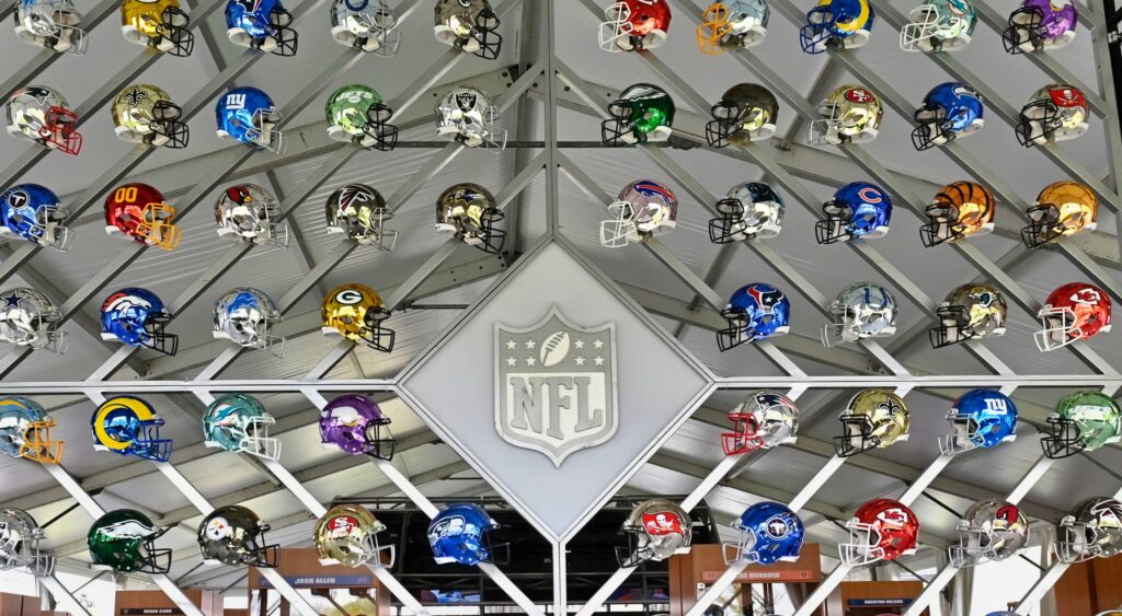 NFL helmets on display at the draft.