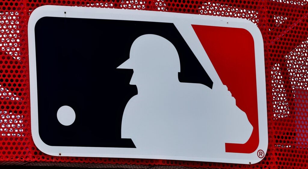 MLB logo shown at Angel Stadium.
