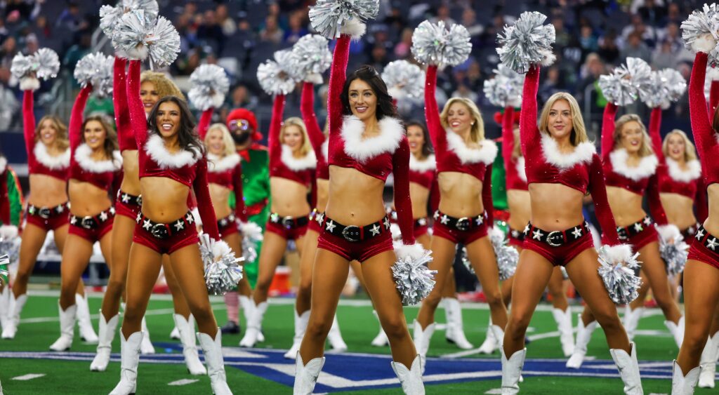 NFL cheerleaders during Christmas game.