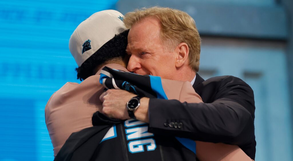 Bryce Young (left) hugging Roger Goodell (right) at NFL Draft.