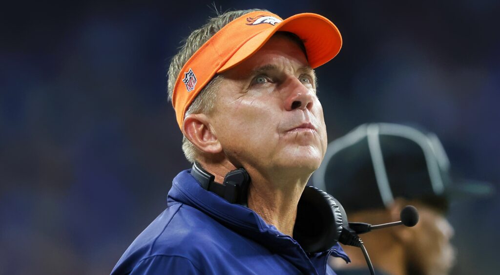 Sean Payton in Broncos gear on the sidelines