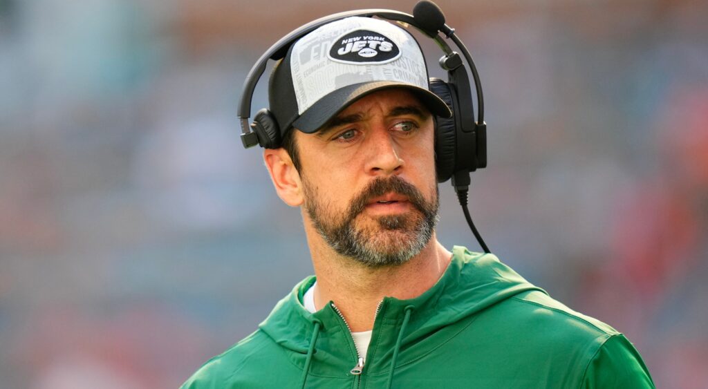 Aaron Rodgers on the Jets sideline