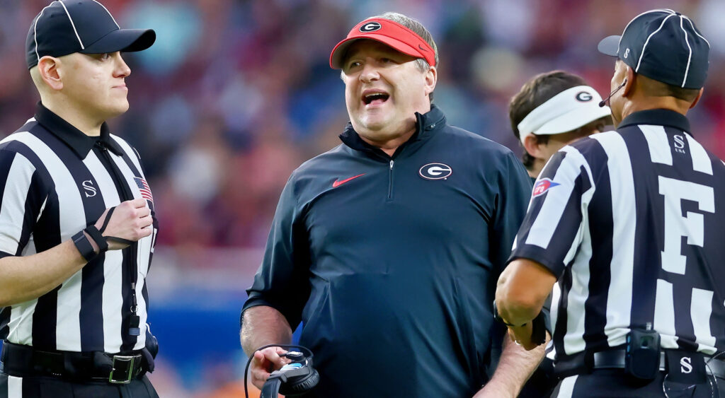 Kirby Smart speaking to referees during college football game