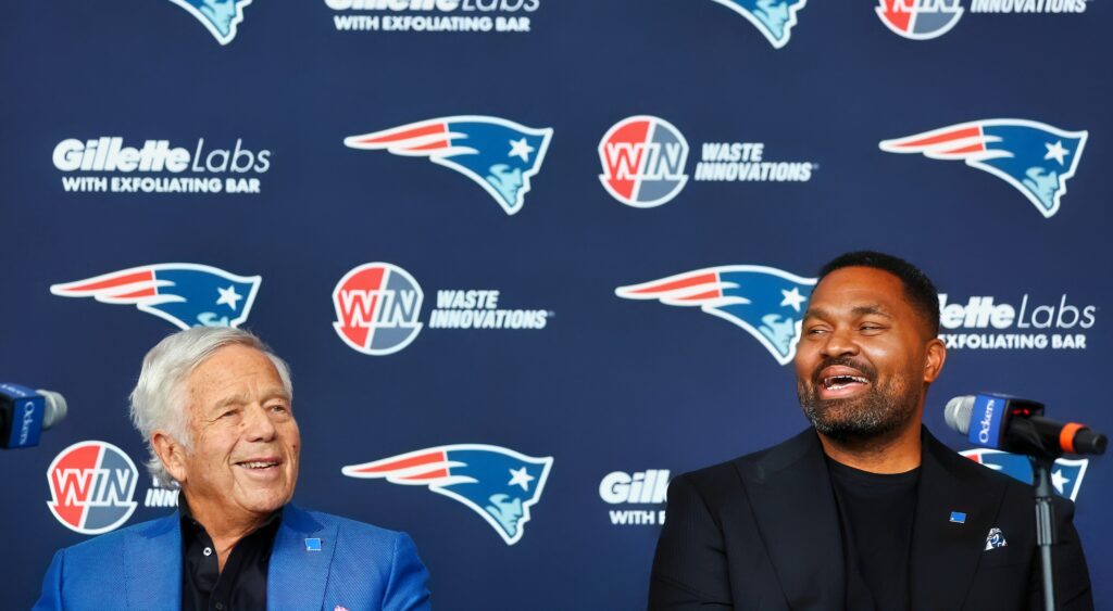 New England Patriots owner Robert Kraft (left) and head coach Jerod Mayo (right) looking on.
