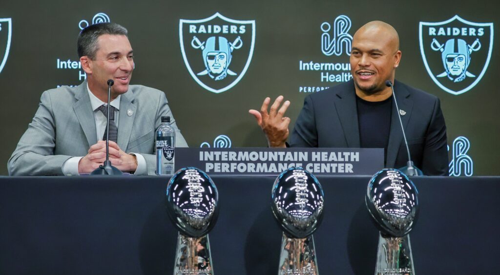 Las Vegas Raiders GM Tom Telesco and head coach Antonio Pierce at a press conference.