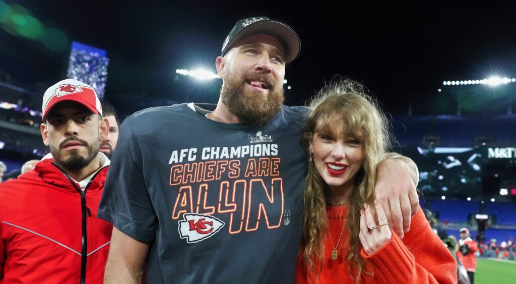 Travis Kelce (left) and Taylor Swift (right) celebrating.