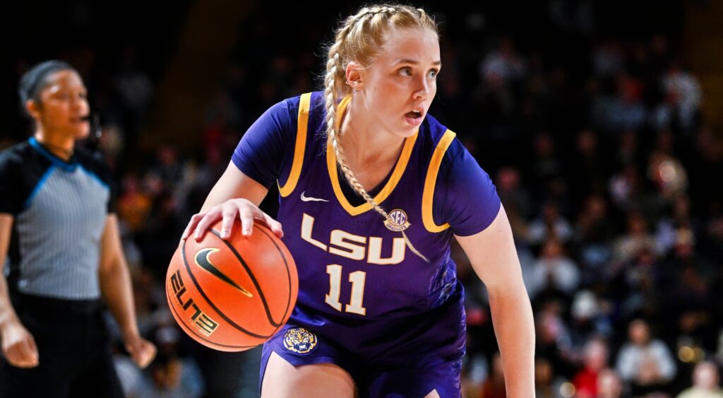 Hailey Van Lith in LSU jersey and bouncing the basketball