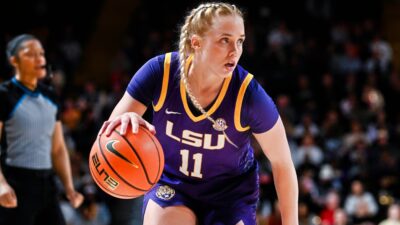 Hailey Van Lith in LSU jersey and bouncing the basketball