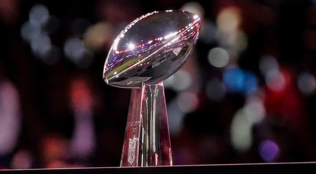 The Vince Lombardi Trophy on the stage at the Super Bowl. ESPN's computer model has the Chiefs vs Lions in next year's big game.