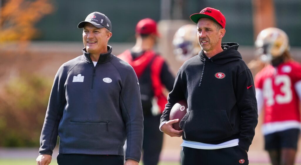 John Lynch and Kyle Shanahan of San Francisco 49ers looking on.