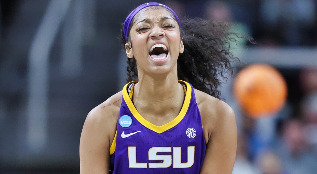 Angel Reese in LSU uniform and yelling