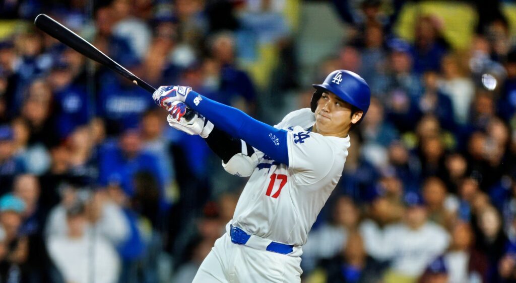 Shohei Ohtani of Los Angeles Dodgers hitting a home run.