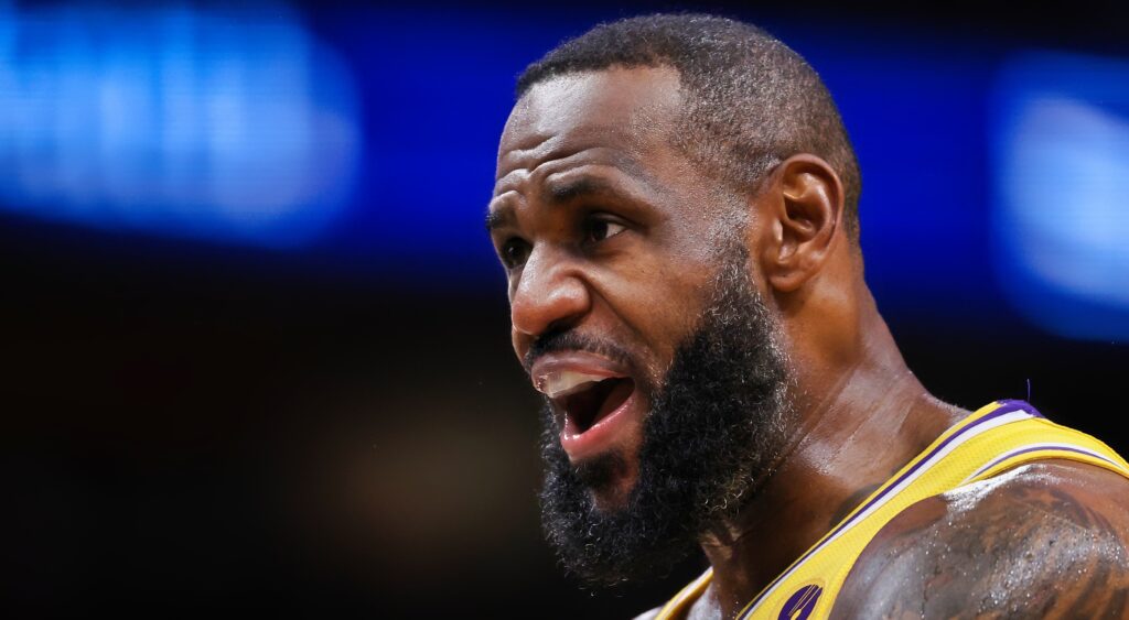 LeBron James yells during a game.