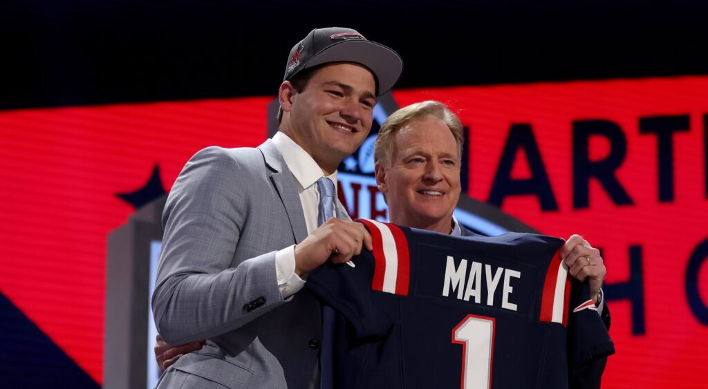 Drake Maye and Roger Goodell after Patriots selection in 2024