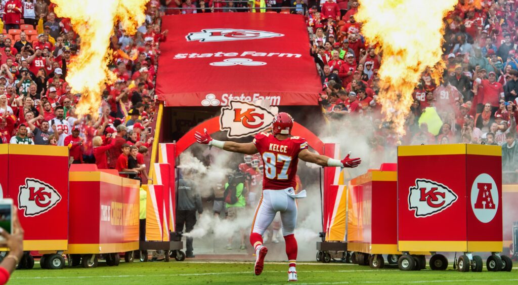 Travis Kelce of the Kansas City Chiefs comes out of the tunnel.
