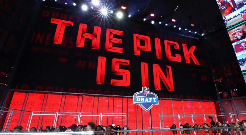"The Pick Is In" on the video board at the NFL Draft. Spencer Rattler is being called the steal of the 2024 draft.