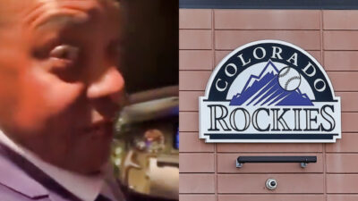 Photo of Hensley Meulens in cockpit and photo of Rockies logo