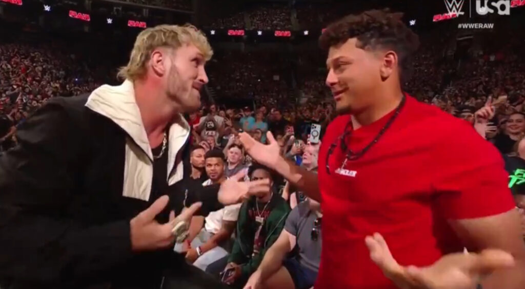 Logan Paul and Patrick Mahomes interact during WWE’s Monday Night Raw