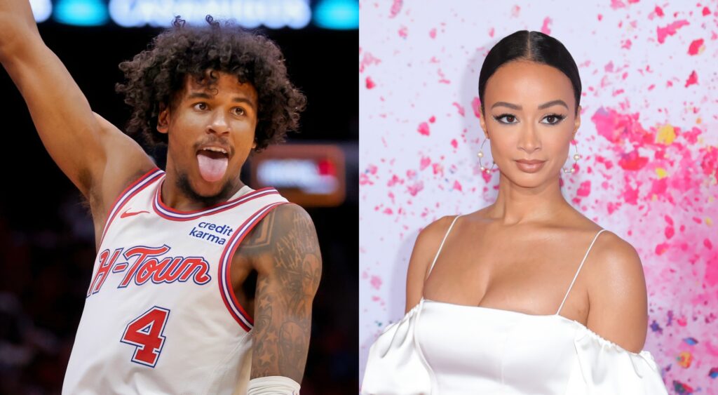 Jalen Green with his tongue out during a game and Draya Michele posing for the camera.