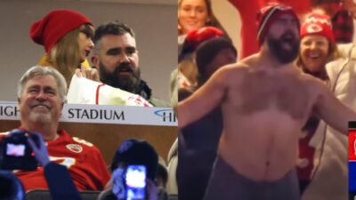 Jason Kelce yelling while shirtless. Taylor Swift in suite with Jason Kelce