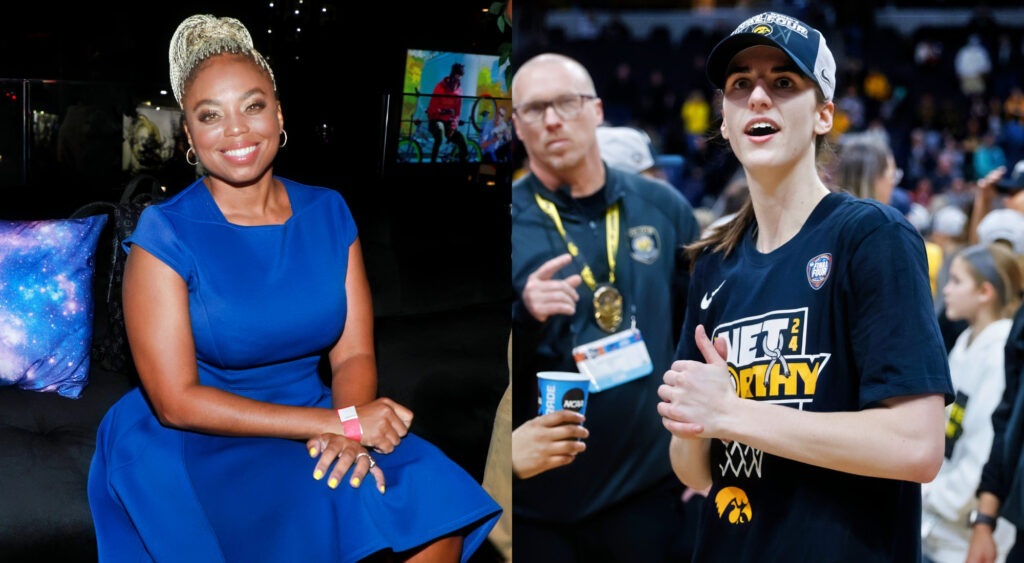 Photo of Jemele Hill smiling and photo of Caitlin Clark holding thumbs up