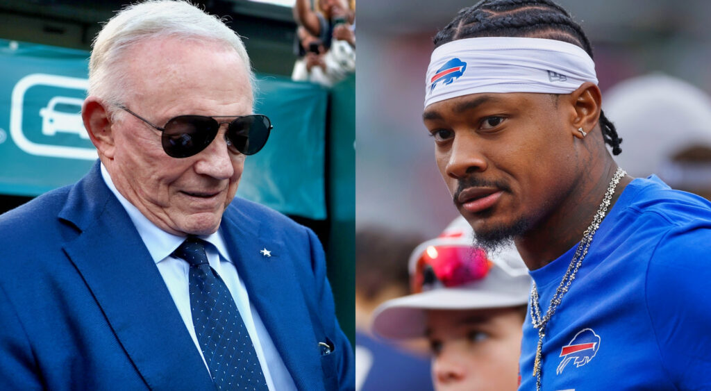 Photo of Jerry Jones wearing sunglasses and photo of Stefon Diggs in Bills gear