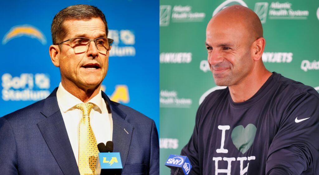 Los Angeles Chargers coach Jim Harbaugh and New York Jets coach Robert Saleh at press conferences.