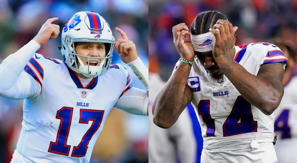 Josh Allen pointing to his helmet and Stefon Diggs with his hands on his face.