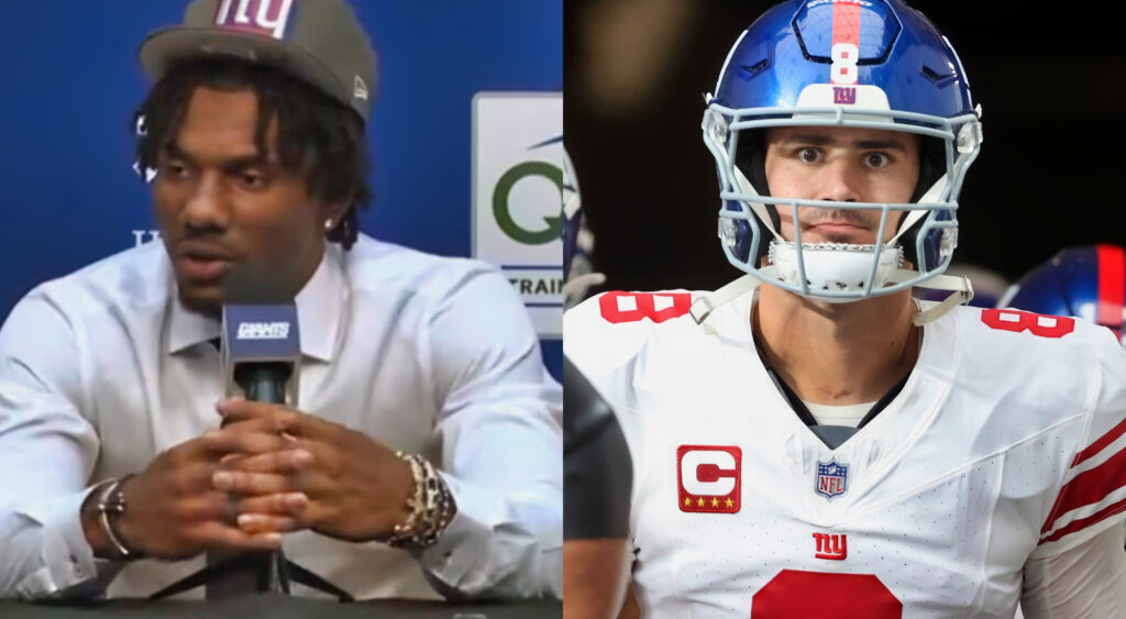 Photo of Malik Nabers speaking during press conference and photo of Daniel Jones in Giants uniform