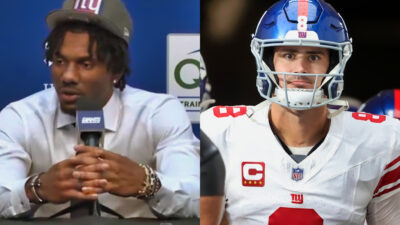 Photo of Malik Nabers speaking during press conference and photo of Daniel Jones in Giants uniform