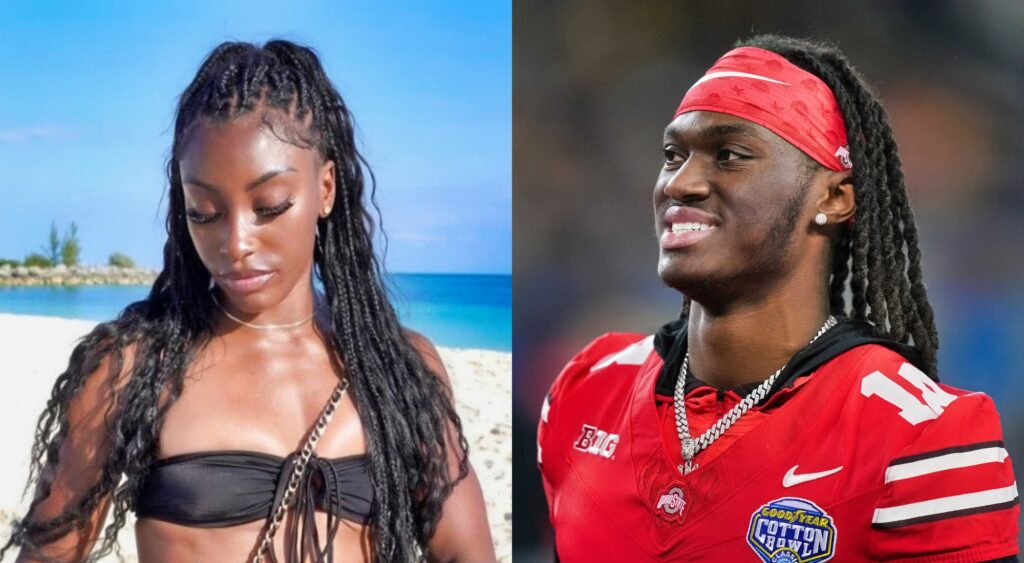 Charokee Gabrela at the beach and Marvin Harrison Jr. looking on during a game.