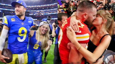 Photos of Matthew Stafford and Kelly Stafford celebrating and photo of Travis Kelce and Taylor Swift kissing