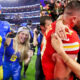 Photos of Matthew Stafford and Kelly Stafford celebrating and photo of Travis Kelce and Taylor Swift kissing