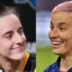 Megan Rapinoe with pink hair on field. Caitlin Clark smiling with reporters