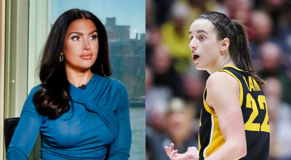 Molly Qerim on set and Caitlin Clark shrugging on the court.