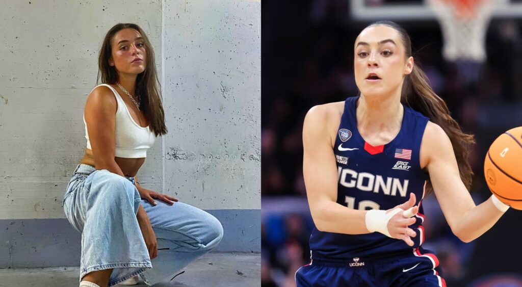 Nika Muhl posing in jeans and playing basketball for UConn.