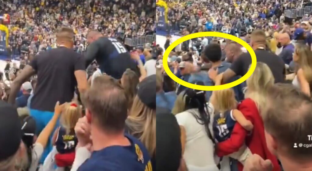 Nikola Jokic's brother punching a fan during a game in the stands.