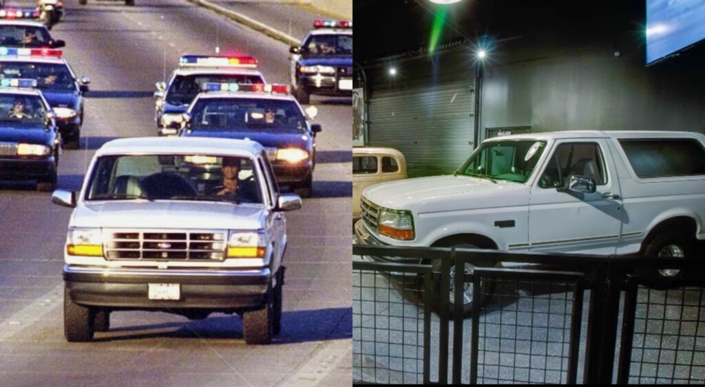 OJ Simpson's white Ford Bronco during the police chase and his Bronco in a showroom.